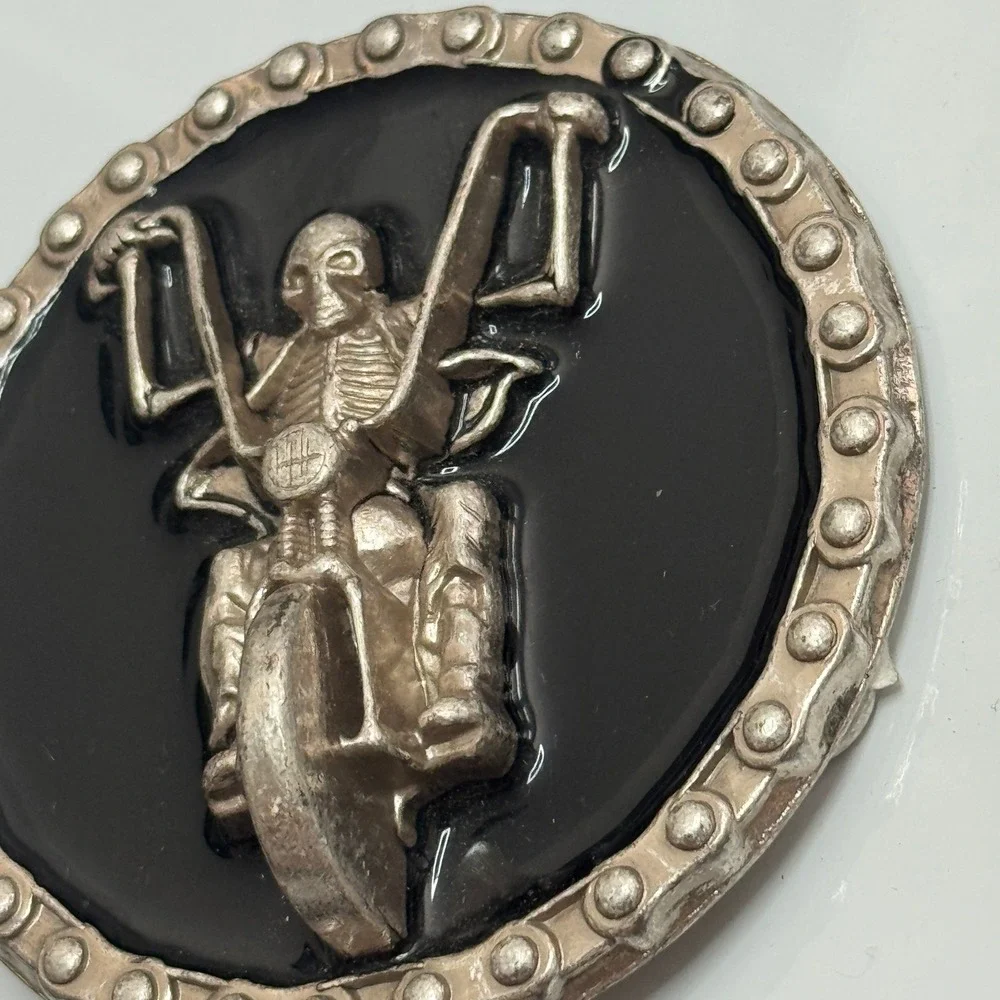 Skeleton Rider Motorcycle Belt Buckle Silver‎ Tone Black Metal Round